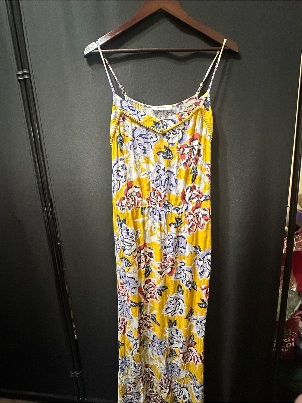 Promod Yellow Floral V-Neck Dress with Pom Trim